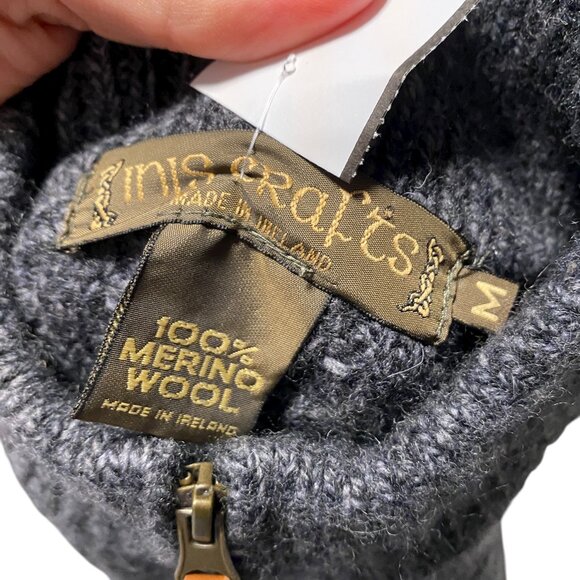 Vintage Inis Crafts 100% Merino Wool Cable Knit Sweater Medium Gray 1/4 Zip - Picture 13 of 16
